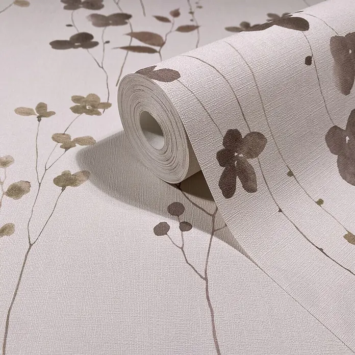 Marburg Novamur Plus Fresh UP Vliestapete Floral V - Beige, Floral, 10,05 x 0,53 m - Gerollte beigefarbene Tapete mit braunem Blumenmuster und leinenartiger Textur.