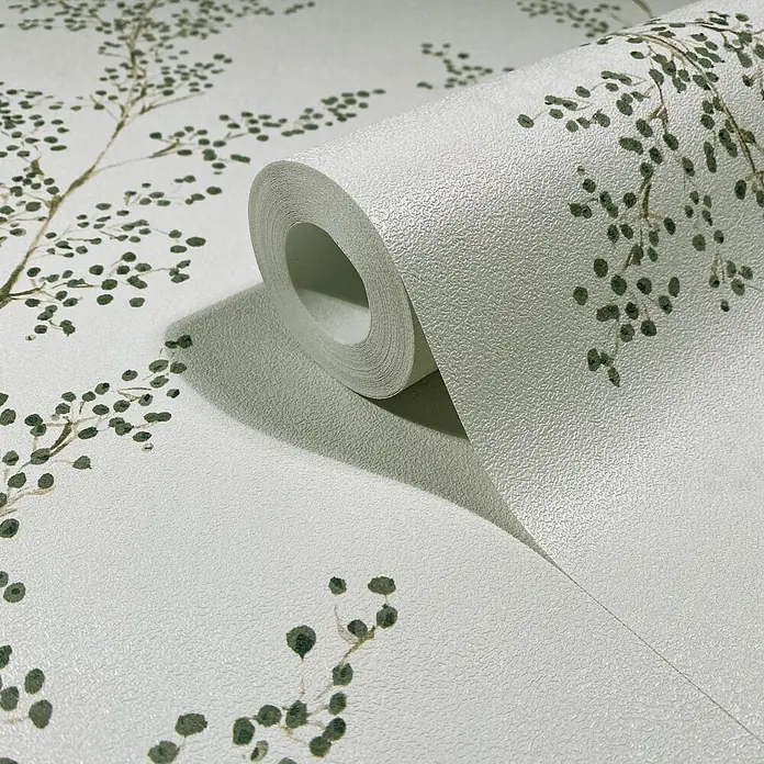Marburg Novamur Plus Fresh UP Vliestapete Floral VIII - Grau-Grün, Floral, 10,05 x 0,53 m - Strukturierte, hellfarbige Tapetenrolle mit grünem Blattmuster, teilweise abgerollt.