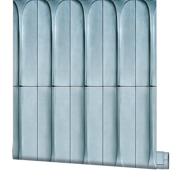Marburg Shades Iconic Vliestapete Grafik III - Blau, Grafisch, 10,05 x 0,53 m - Hellblaue Tapete mit wiederholtem gewölbtem Reliefmuster, unten leicht gerollt.