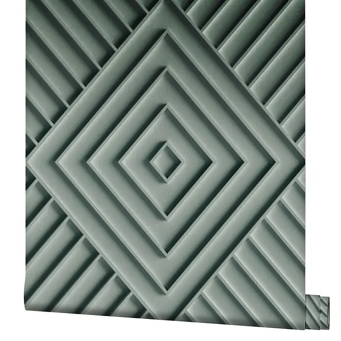Marburg Shades Iconic Vliestapete Grafik IV - Grün-Grau, Grafisch, 10,05 x 0,53 m - Tapetenrolle mit 3D-Geometriemuster aus konzentrischen Rauten und diagonalen Linien in mattem Grau-Grün.