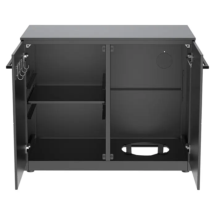 Cozze Elements Outdoorküchen-Modul Seitenschrank - Schwarz, B x T x H: 110 x 60 x 88,5 cm, Stahl - Schwarzer Outdoor-Schrank mit offenen Türen, zeigt Innenablagen, Haken und eine runde Aussparung.