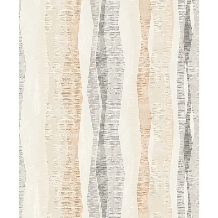 Marburg Novamur Plus Fresh UP Vliestapete Grafik I - Grau-Beige, Grafisch, 10,05 x 0,53 m - Abstraktes nahtloses Muster mit vertikalen, wellenförmigen geometrischen Formen in Beige, Orange und Grau mit texturierter Oberfläche.