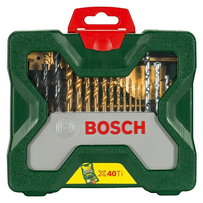 Bosch Bohrer- & Bit-Set X - Line - 40 -tlg. - Bosch X40Ti Bohrer-Set in grünem Koffer mit rotem Griff. Ideal für Heimwerker und Profis, bietet eine Vielzahl von Bohrern für verschiedene Materialien.