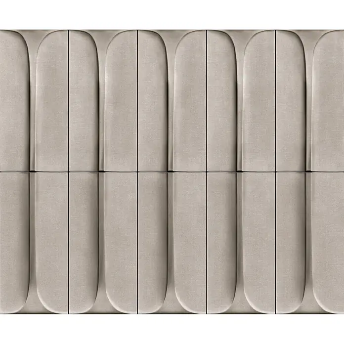 Marburg Shades Iconic Vliestapete Grafik III - Beige-Grau, Grafisch, 10,05 x 0,53 m - Hellbeige Stoff-Polsterpaneele mit vertikalem Rillenmuster und Gitterlinien.