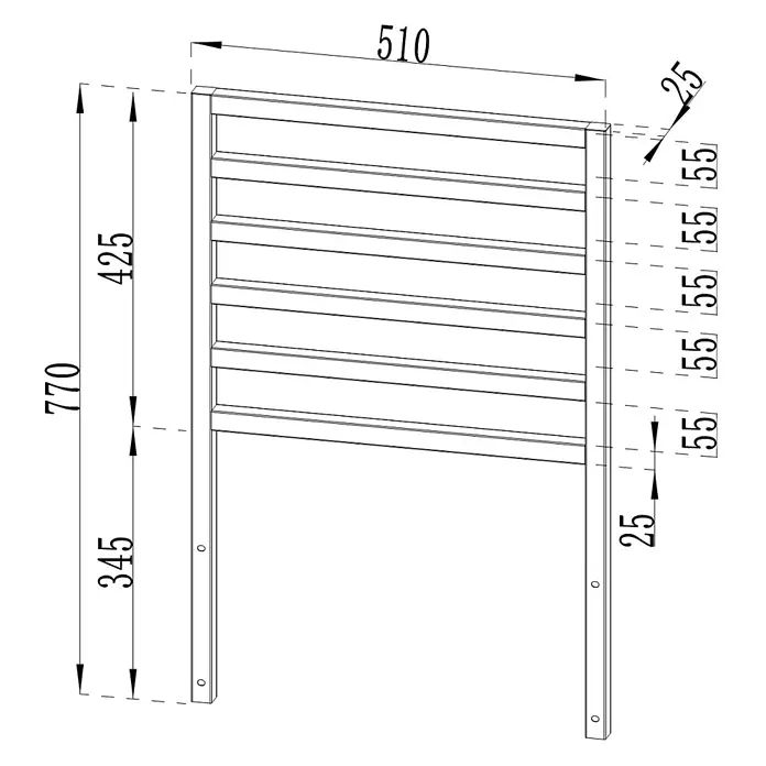 Cozze Elements Rückwand - B x H: 52 x 75 cm, Passend für: Cozze Elements Grillküchenmodul, Schwarz - Technische Zeichnung eines Lattenkopfendes oder Dekorpaneels mit detaillierten Maßen.
