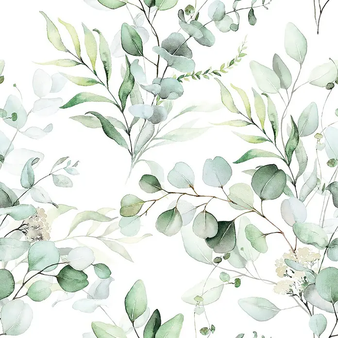 Marburg Novamur Plus Fresh UP Vliestapete Floral VI - Weiß-Grün, Floral, 10,05 x 0,53 m - Aquarellmuster mit zarten grünen Eukalyptusblättern und Zweigen.