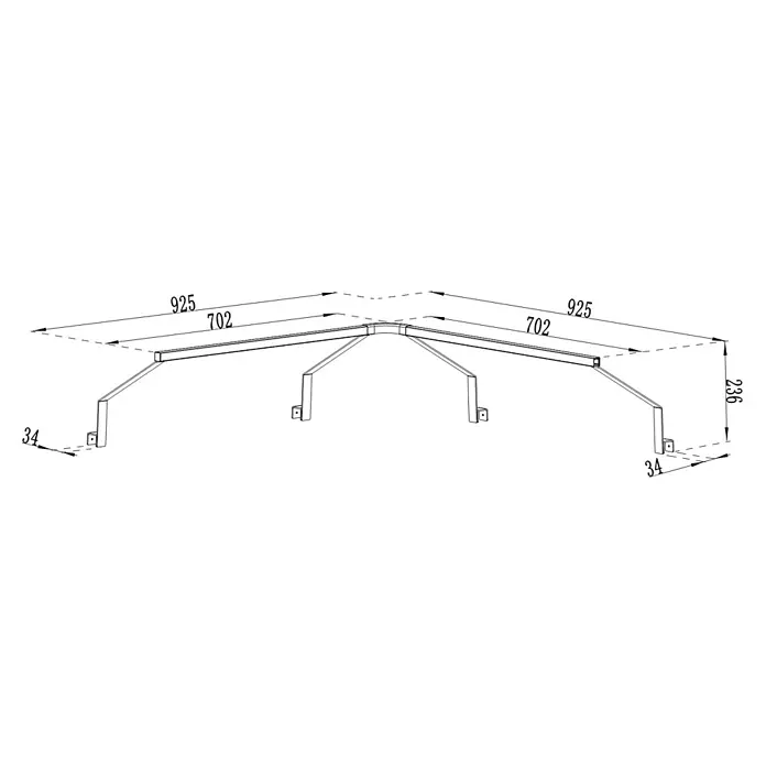 Cozze Elements Halterung für Lichtschlauch - Stahl/Aluminium, Passend für: Cozze Elements Rückwand Eckmodul - L-förmiges Metall-Trägergestell mit Beinen und detaillierten Maßen für Länge, Breite und Höhe.