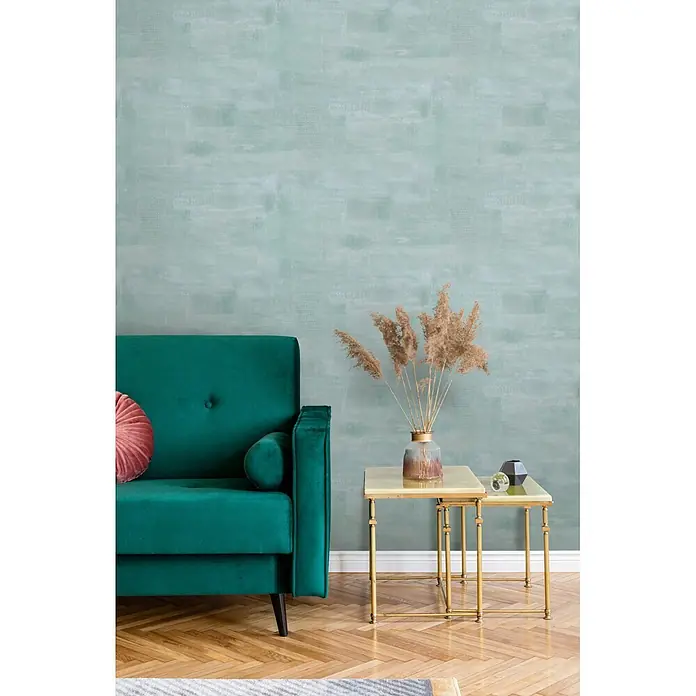 Marburg Novamur Plus Fresh UP Vliestapete Uni I - Grün-Blau, Uni, 10,05 x 0,53 m - Strukturierte mintgrüne Tapete mit subtilem Muster in einem modernen Wohnzimmerambiente.