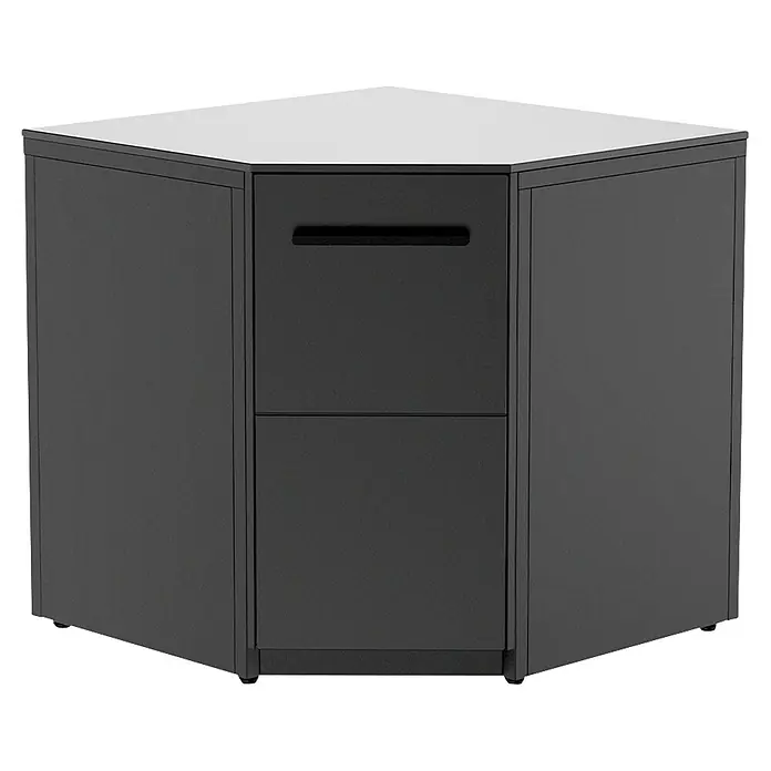 Cozze Elements Arbeitsplatte Eckschrank - L x B: 90 x 90 cm - Anthrazitfarbener Eckschrank mit heller Platte und zwei Schubladen, eine mit integriertem schwarzem Griff.