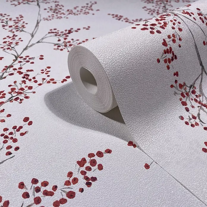 Marburg Novamur Plus Fresh UP Vliestapete Floral VIII - Weiß-Rot, Floral, 10,05 x 0,53 m - Strukturierte weiße Tapetenrolle mit rotem Beeren- und Astmuster.