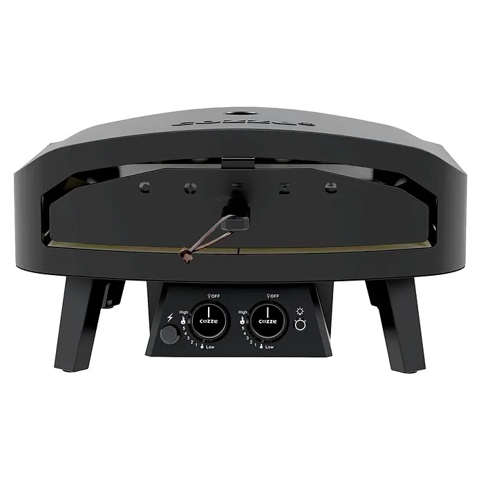 Cozze Pizzaofen Black Edition - Grillfläche (B x T): 60 x 60 cm - Schwarzer Outdoor-Pizzaofen mit zwei Gasbrennern und Zündsteuerung, mit „cozze“-Logo.
