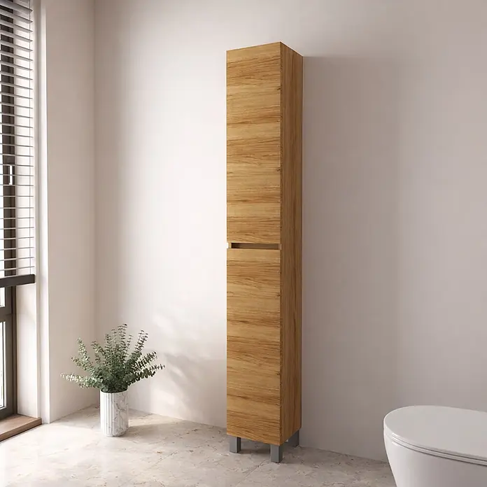 Armario alto de baño de baño Inter - An x Pr x Al: 26,5 x 24,6 x 173 cm, Roble wuaira, Efecto madera - Armario alto de baño con acabado de madera natural, dos puertas, tiradores integrados y patas metálicas.