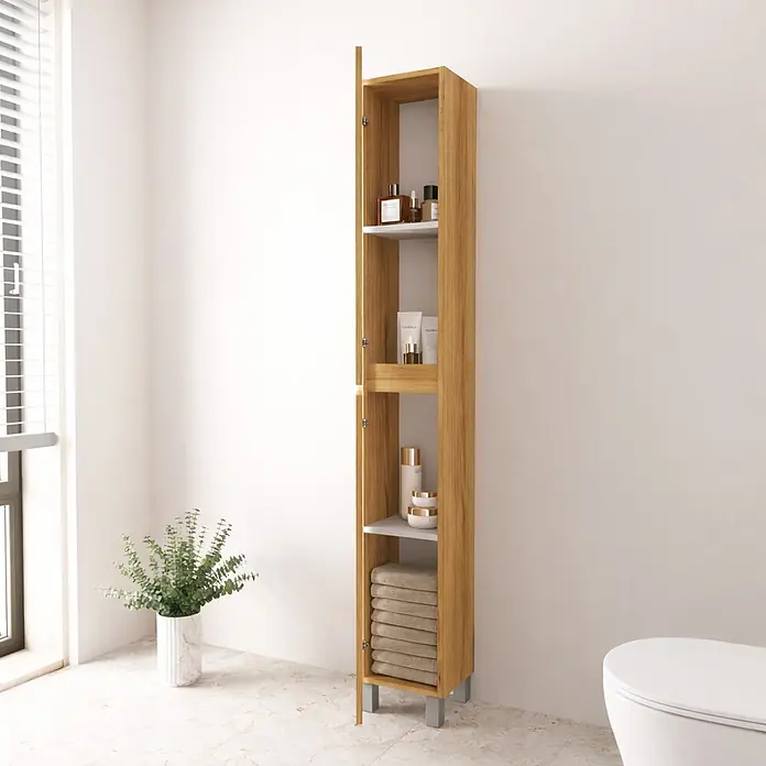 Armario alto de baño de baño Inter - An x Pr x Al: 26,5 x 24,6 x 173 cm, Roble wuaira, Efecto madera - Armario alto de baño de madera clara con puertas abiertas, para artículos de tocador y toallas.