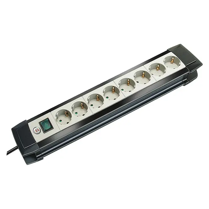 Brennenstuhl Steckdosenleiste Premium Line Plus - 8-fach, Schwarz/Grau, Kabellänge: 5 m, Mit Schalter - Steckdosenleiste mit acht Steckplätzen und einem Schalter. Das Gehäuse ist schwarz und die Steckdosen sind weiß.