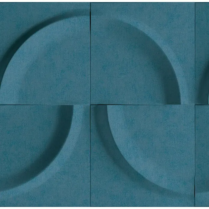 Marburg Shades Iconic Vliestapete Grafik I - Blau, Grafisch, 10,05 x 0,53 m - Staubblaue Akustikpaneele mit wiederkehrendem 3D-Wellenmuster, bilden schallabsorbierende Wandelemente.