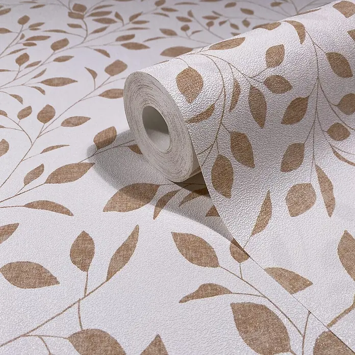 Marburg Novamur Plus Fresh UP Vliestapete Floral III - Weiß-Beige, Floral, 10,05 x 0,53 m - Strukturierte weiße Tapetenrolle mit hellbraunem Blatt- und Astmuster, teilweise abgerollt.