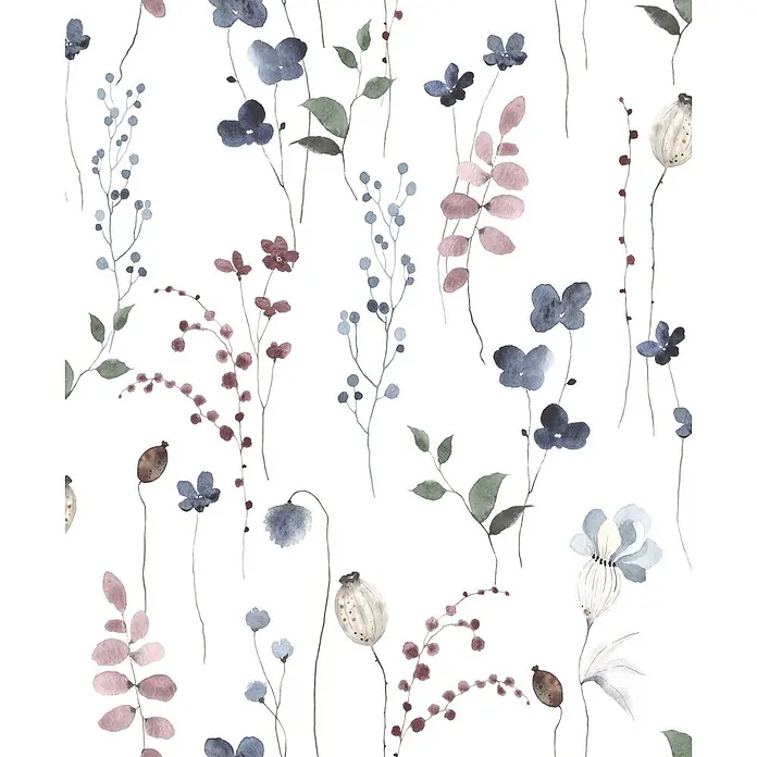 Marburg Novamur Plus Fresh UP Vliestapete Floral V - Weiß-Grün-Blau, Floral, 10,05 x 0,53 m - Nahtloses Aquarellmuster mit zarten blauen, rosa, grünen und roten botanischen Elementen.