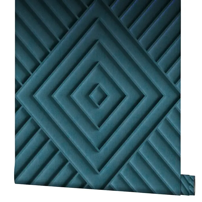 Marburg Shades Iconic Vliestapete Grafik IV - Blau, Grafisch, 10,05 x 0,53 m - Mattblaue Tapetenrolle mit geometrischem, gestuftem Rautenmuster.