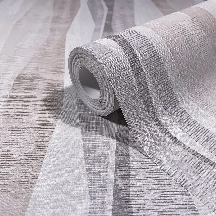 Marburg Novamur Plus Fresh UP Vliestapete Grafik I - Grau, Grafisch, 10,05 x 0,53 m - Eine Tapetenrolle mit grauem, weißem und beigem Streifenmuster und gewelltem Design, teilweise ausgerollt.