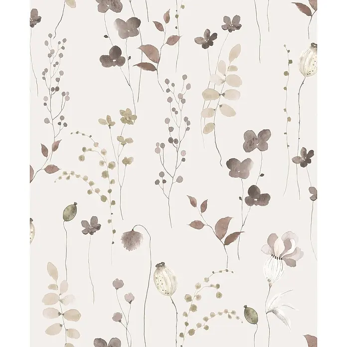 Marburg Novamur Plus Fresh UP Vliestapete Floral V - Beige, Floral, 10,05 x 0,53 m - Nahtloses botanisches Aquarellmuster mit Blüten, Blättern und Beeren in gedeckten Braun-, Beige- und Grüntönen.