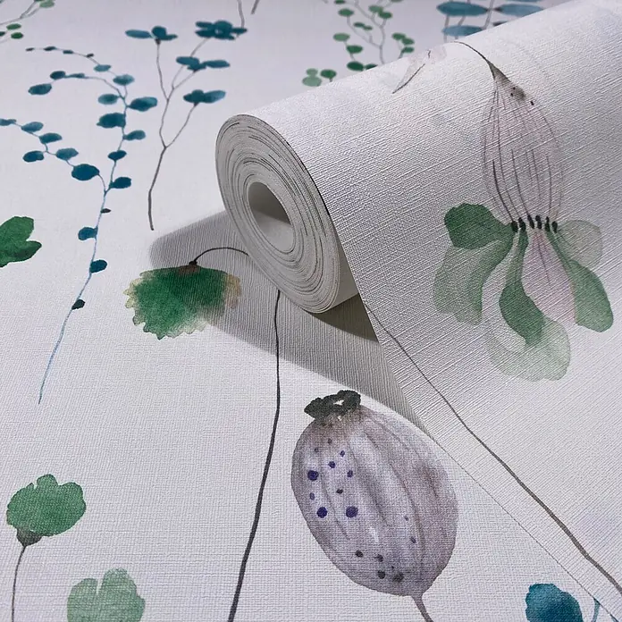 Marburg Novamur Plus Fresh UP Vliestapete Floral V - Weiß-Grün, Floral, 10,05 x 0,53 m - Rolle strukturierter Tapete mit botanischem Aquarellmuster aus grünen Blättern, blauen Stielen und hellvioletten Blüten und Samenkapseln.