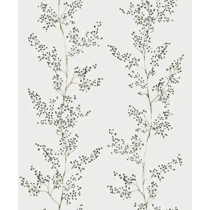 Marburg Novamur Plus Fresh UP Vliestapete Floral VIII - Grau-Grün, Floral, 10,05 x 0,53 m - Aquarellmuster zarter Äste mit kleinen grünen Beeren.