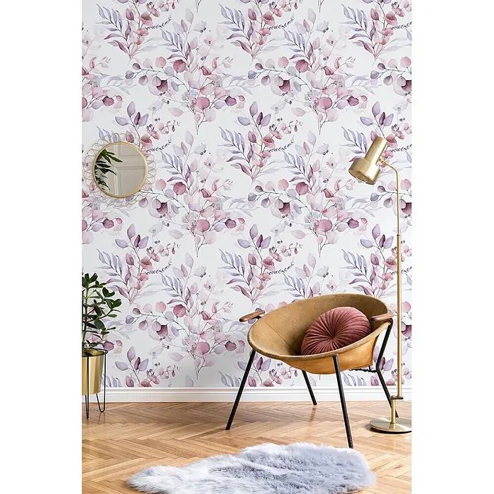 Marburg Novamur Plus Fresh UP Vliestapete Floral VI - Weiß-Rot, Floral, 10,05 x 0,53 m - Aquarell-Tapete mit botanischem Muster aus lila und rosa Blättern, die einen Raum verschönert.