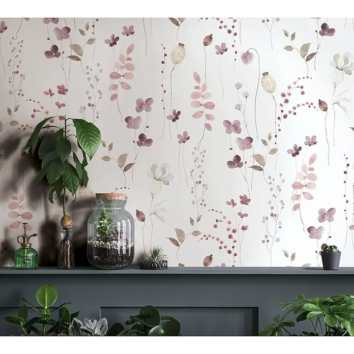Marburg Novamur Plus Fresh UP Vliestapete Floral V - Weiß-Rot, Floral, 10,05 x 0,53 m - Florale Aquarell-Tapete mit rosa, lila und braunen botanischen Mustern.