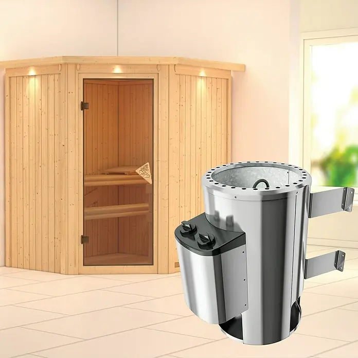 Karibu Elementsauna Tonja - Mit 3,6 kW Ofen mit integrierter Steuerung, Mit Dachkranz und Beleuchtung, L x B x H: 184 x 165 x 192 cm - Nahaufnahme eines Saunaofens aus Edelstahl mit Bedienelementen und Befestigungswinkeln, ideal für eine entspannende Saunaerfahrung.