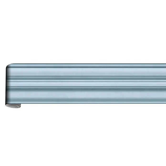 Marburg Shades Iconic Tapetenborte Streifen I - Blau, Architektur, 5 x 0,18 mm, Vlies - Hellblaues gewelltes Metall-Rolltor, teilweise aufgerollt.