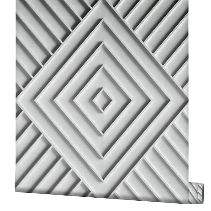 Marburg Shades Iconic Vliestapete Grafik IV - Grau, Grafisch, 10,05 x 0,53 m - Weiße Tapete mit geometrischem 3D-Muster aus konzentrischen Rauten und Diagonalen, aufgerollt.