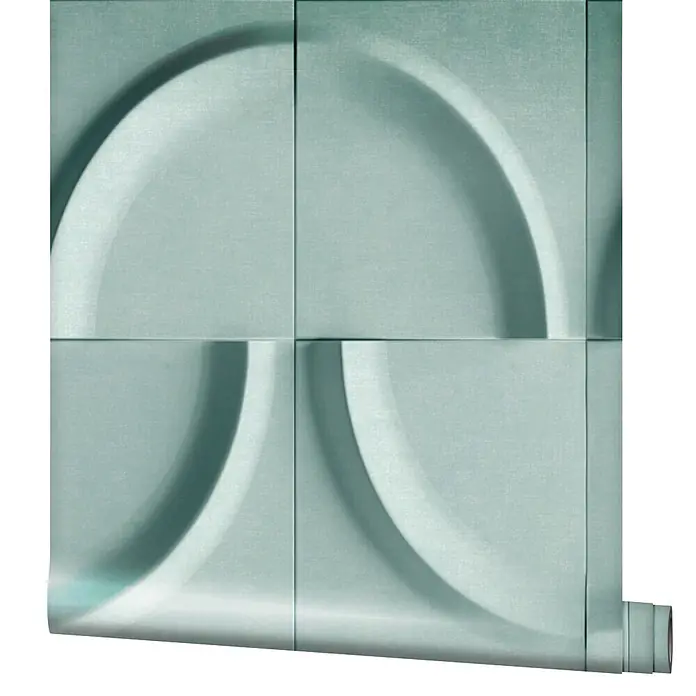 Marburg Shades Iconic Vliestapete Grafik I - Grün, Grafisch, 10,05 x 0,53 m - Hellgrüne strukturierte Tapete mit 3D-Geometrie-Halbkreismuster, teilweise abgerollt.