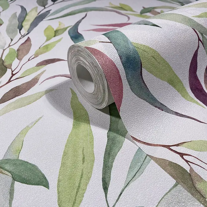 Marburg Novamur Plus Fresh UP Vliestapete Floral IV - Weiß-Grün, Floral, 10,05 x 0,53 m - Gerollte Tapete mit weißer, texturierter Oberfläche und Aquarell-Blattmuster in Grün-, Burgunder- und Brauntönen.