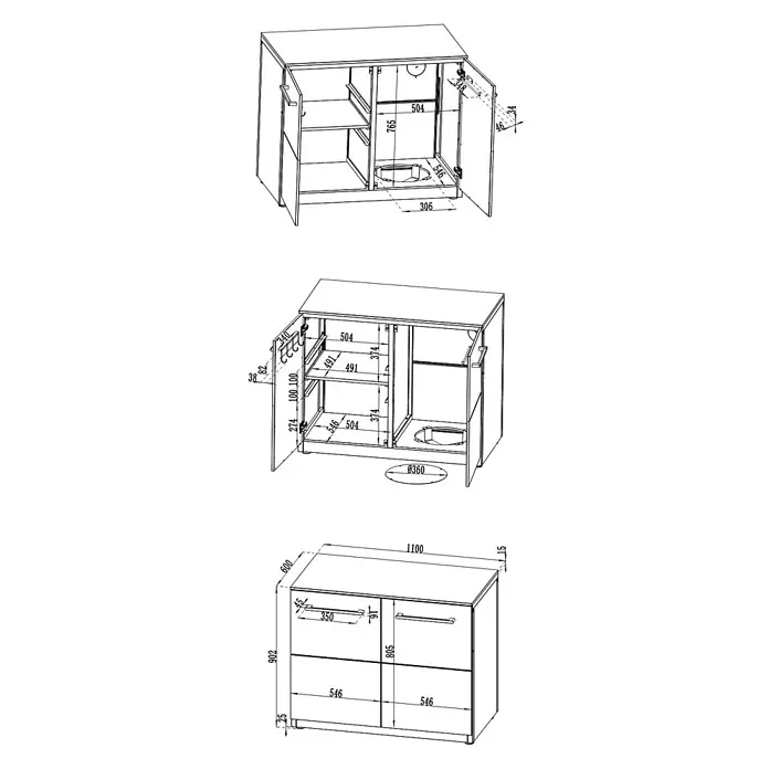 Cozze Elements Outdoorküchen-Modul Seitenschrank - Schwarz, B x T x H: 110 x 60 x 88,5 cm, Stahl - Technische Zeichnung eines Schranks mit Maßen, Innenaufteilung, Einlegeböden und einer Aussparung für Installationen.
