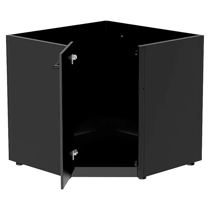 Cozze Elements Outdoorküchen-Modul Eckschrank - Schwarz, B x T x H: 90 x 90 x 88,5 cm, Stahl - Schwarzer Eckschrank mit zwei Türen, eine angelehnt, zeigt Innenraum und Scharniere.