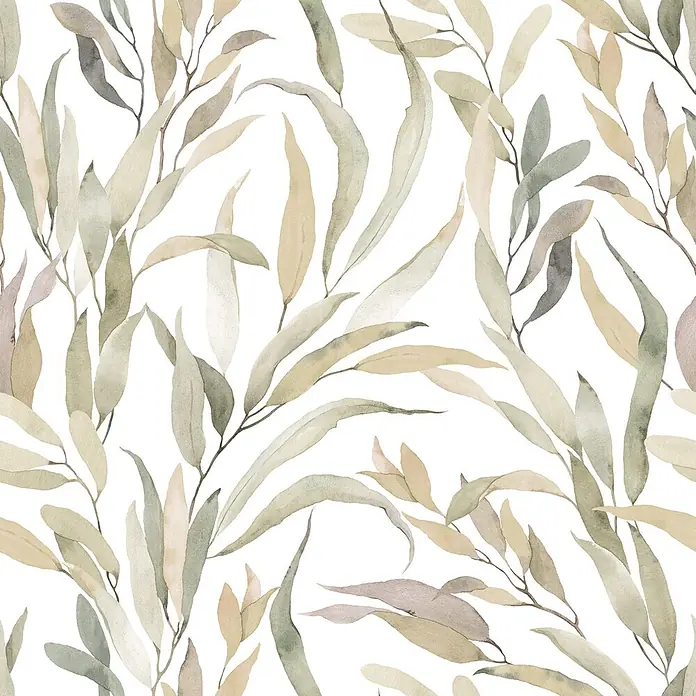 Marburg Novamur Plus Fresh UP Vliestapete Floral IV - Weiß-Grau-Beige, Floral, 10,05 x 0,53 m - Nahtloses Aquarellmuster mit Blättern in gedämpften Grün- und Beigetönen.