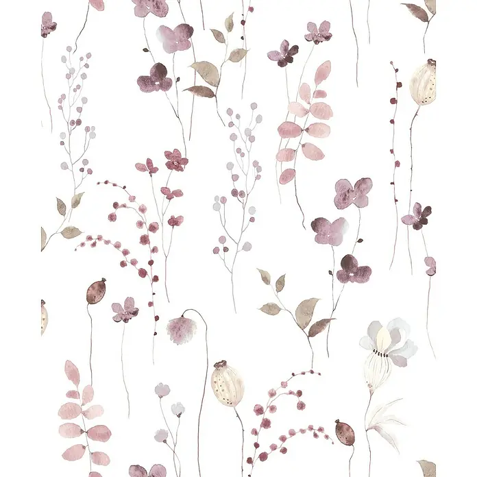 Marburg Novamur Plus Fresh UP Vliestapete Floral V - Weiß-Rot, Floral, 10,05 x 0,53 m - Nahtloses Aquarellmuster mit zarten floralen und botanischen Motiven in Rosa, Lila und Beige.