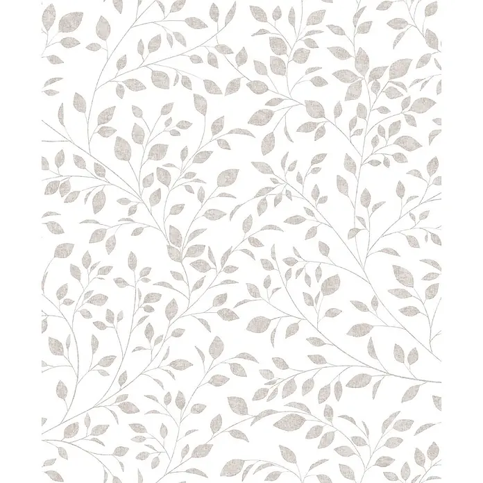 Marburg Novamur Plus Fresh UP Vliestapete Floral III - Weiß-Grau, Floral, 10,05 x 0,53 m - Nahtloses Muster aus zarten hellbeigen Blättern und Ästen mit subtiler Leinenstruktur.