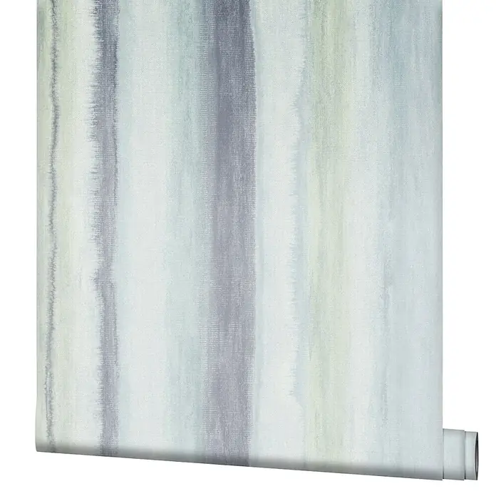 Marburg Shades Iconic Vliestapete Grafik - Grün-Blau, Grafisch, 10,05 x 0,53 m - Tapetenrolle mit weichen, aquarellartigen vertikalen Streifen in gedämpften Grau- und Hellgrüntönen.