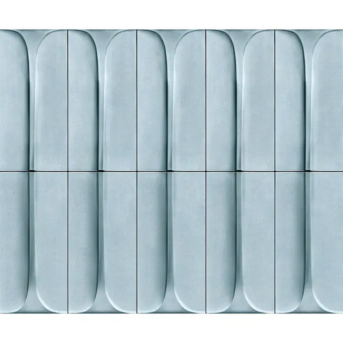 Marburg Shades Iconic Vliestapete Grafik III - Blau, Grafisch, 10,05 x 0,53 m - Hellblau-graue Stoff-Wandpaneele mit vertikal abgerundeten, geriffelten Elementen.