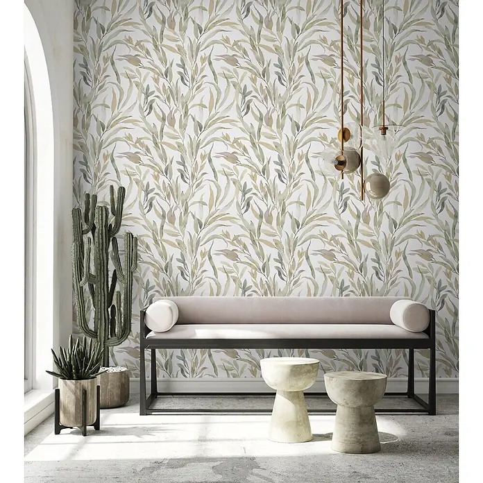 Marburg Novamur Plus Fresh UP Vliestapete Floral IV - Weiß-Grau-Beige, Floral, 10,05 x 0,53 m - Weiße Tapete mit einem Aquarellmuster aus grünen und beigen Blättern.