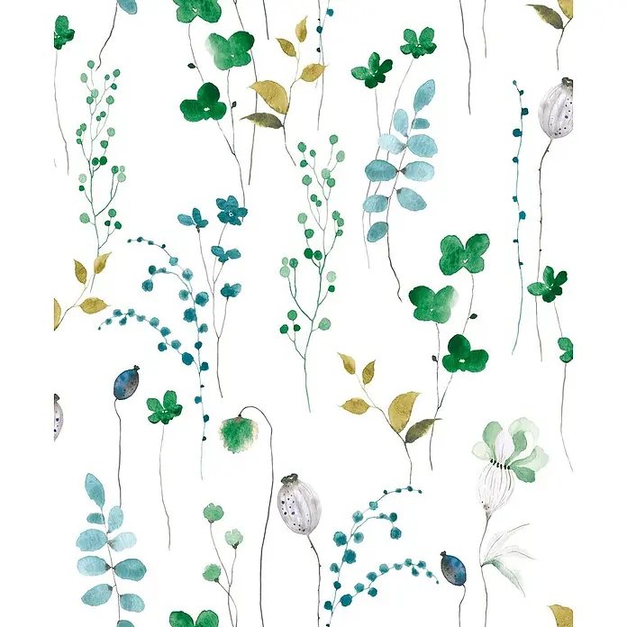 Marburg Novamur Plus Fresh UP Vliestapete Floral V - Weiß-Grün, Floral, 10,05 x 0,53 m - Nahtloses Aquarellmuster mit grünen, blauen und goldenen botanischen Elementen wie Blättern und Beeren.
