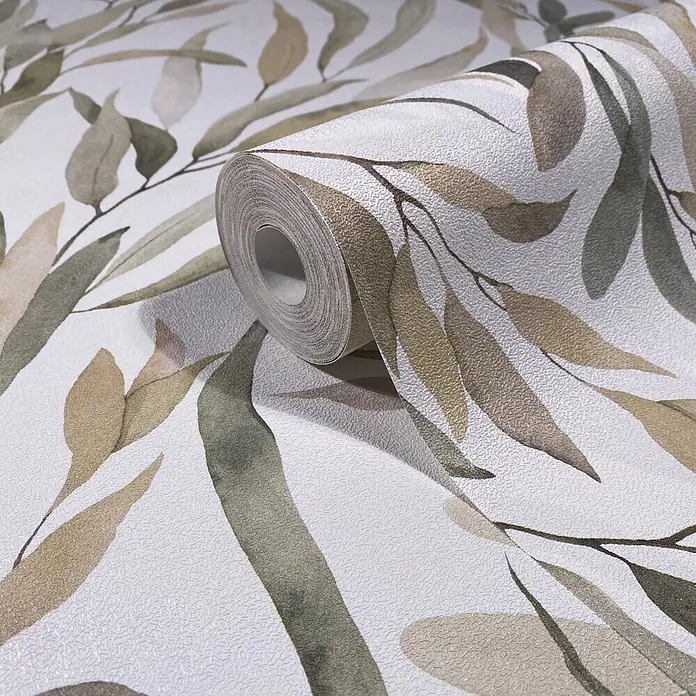 Marburg Novamur Plus Fresh UP Vliestapete Floral IV - Weiß-Grau-Beige, Floral, 10,05 x 0,53 m - Texturierte Tapetenrolle mit aquarellem Grün- und Beige-Blattmuster.