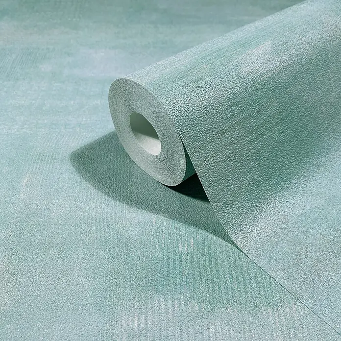 Marburg Novamur Plus Fresh UP Vliestapete Uni I - Grün-Blau, Uni, 10,05 x 0,53 m - Hellblaugrüne strukturierte Tapetenrolle, ausgerollt, zeigt ein subtiles Streifenmuster und eine körnige Oberfläche.