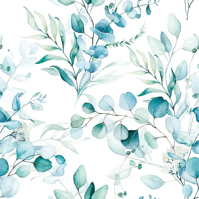 Marburg Novamur Plus Fresh UP Vliestapete Floral VI - Weiß-Blau, Floral, 10,05 x 0,53 m - Aquarellmuster aus Eukalyptus- und Blätterzweigen in sanften Blau-, Türkis- und Grüntönen.