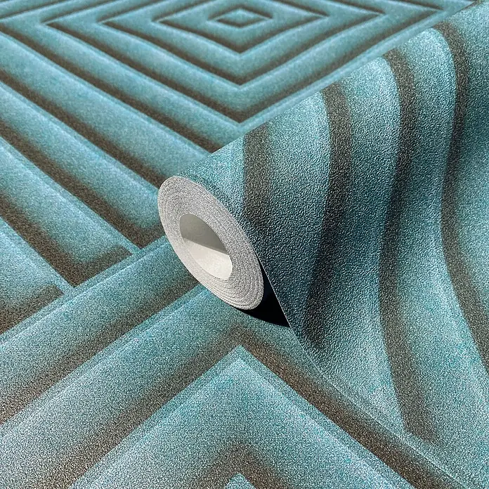 Marburg Shades Iconic Vliestapete Grafik IV - Blau, Grafisch, 10,05 x 0,53 m - Strukturierte, türkis-dunkelgraue Tapetenrolle mit geometrischem Rautenmuster, teilweise abgerollt.