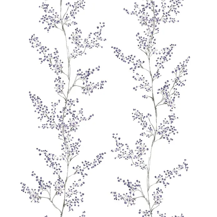 Marburg Novamur Plus Fresh UP Vliestapete Floral VIII - Weiß-Lila, Floral, 10,05 x 0,53 m - Aquarell-Illustration zarter Äste mit kleinen violetten Beeren.