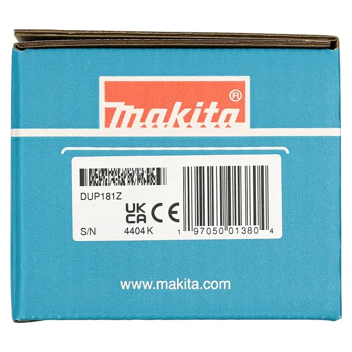 Makita LXT 18V Akku-Astschere DUP181Z - 18 V, Ohne Akku, Max. Aststärke: 30 mm - Hellblauer Makita Produktkarton mit Logo, Modell DUP181Z, Seriennummer 4404K und Barcodes.