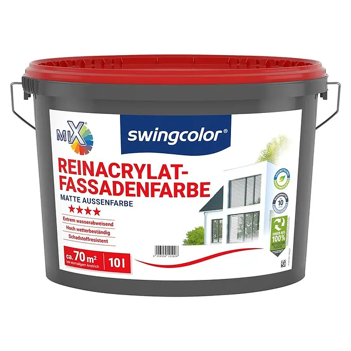 swingcolor Mix Reinacrylat-Fassadenfarbe zum Mischen lassen - Basismischfarbe 1, 10 l - Grauer Swingcolor Farbeimer mit rotem Deckel, enthält matte Reinacrylat-Fassadenfarbe für ca. 70m², aus 100% recyceltem Kunststoff.