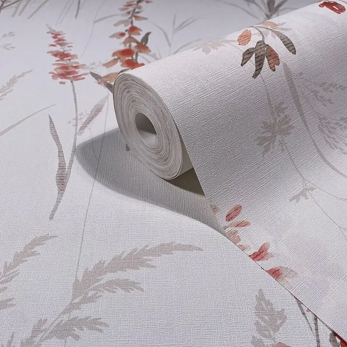 Marburg Novamur Plus Fresh UP Vliestapete Floral I - Weiß-Rot, Floral, 10,05 x 0,53 m - Texturierte Tapetenrolle mit zartem botanischem Muster in Hellgrau, Rot- und Brauntönen.